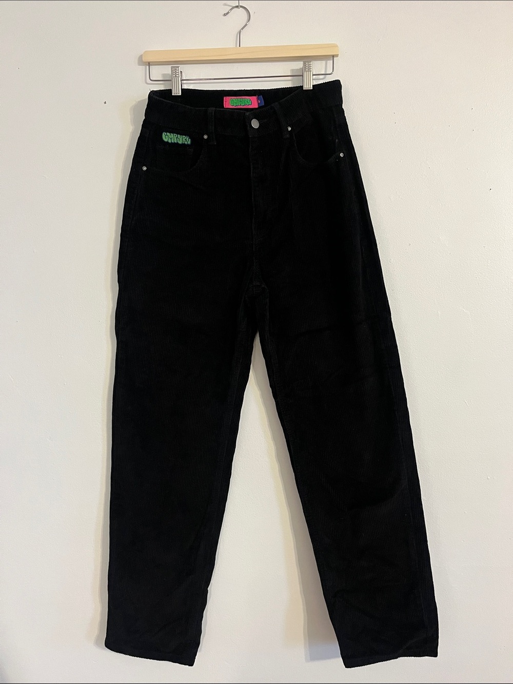 Empyre Black Corduroy “Tori” style pants with classic Empyre Pink & Green Logo.